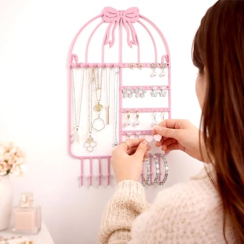 Novabright Pink Bow Wall Hanging Jewelry Organizer with 16 Hooks 48 Stud Holes 15.75inch Pink Metal Wall Necklace Holder Cute Coquettish Jewelry Hanger Rack for Bracelets Earrings Girls Room Decor