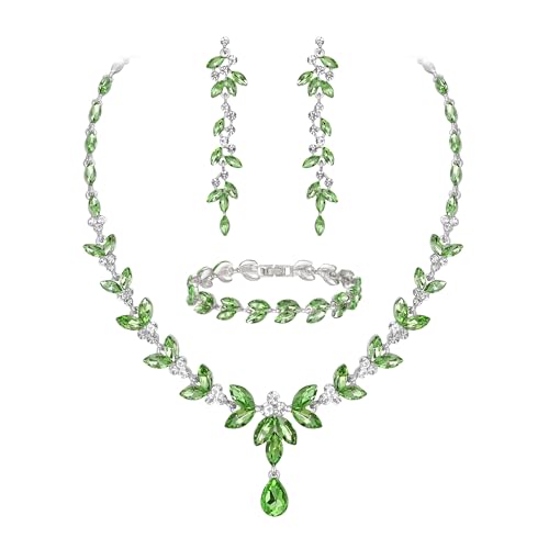 EVER FAITH Marquise Crystal Leaf Bridal Prom Jewelry Set for Women Bride | Rhinestone Wedding Party Necklace Dangle Earrings Tennis Bracelet, for Bridesmaid - color: Light Green Silver-Plated-Base
