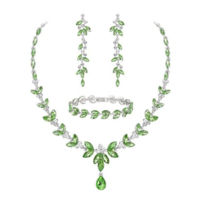 EVER FAITH Marquise Crystal Leaf Bridal Prom Jewelry Set for Women Bride | Rhinestone Wedding Party Necklace Dangle Earrings Tennis Bracelet, for Bridesmaid - color: Light Green Silver-Plated-Base