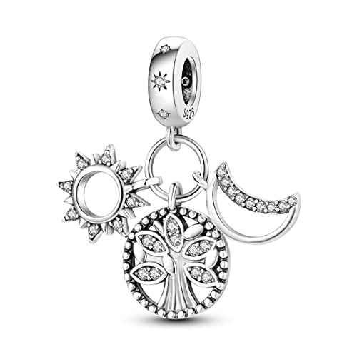 Hapour 925 Sterling Silver Charm for Bracelet Necklace Women Pendant Beads | Virgin Mary Charm, Religious Cross Heart Dragon European Jewelry Mom Charm - color: Family Tree and Sun and Moon