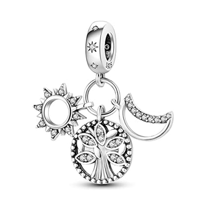 Hapour 925 Sterling Silver Charm for Bracelet Necklace Women Pendant Beads | Virgin Mary Charm, Religious Cross Heart Dragon European Jewelry Mom Charm - color: Family Tree and Sun and Moon