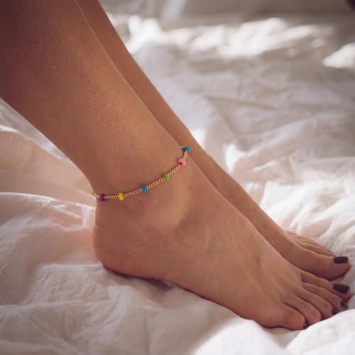 MEVECCO Anklet for Women Gold Chain 14K Gold Plated Dainty Boho Beach Summer Simple Foot Jewelry Ankle Bracelet - style: Enameled Multicolor Ball
