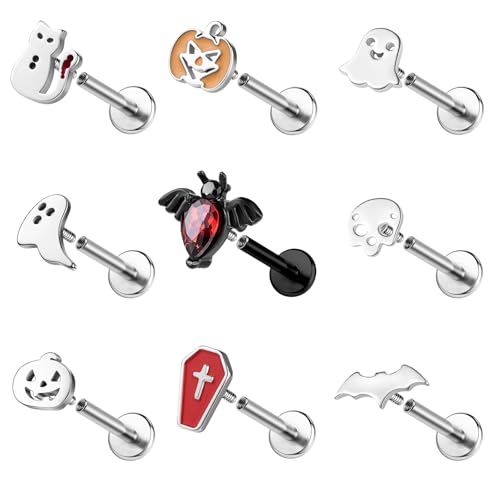ZS 9Pcs 16G Halloween Labret Lip Rings Internally Threaded Piercing Jewelry | Bat Ghost Skull Monroe Medusa Piercing Jewelry Flat Back Conch Tragus Earrings for Women Men - color: SetB:Silver, size: L:6mm