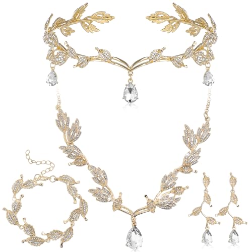 Wedding Jewelry Set for Women, Rhinestone Leaf Tiara Headband Crown Necklace Earrings Bracelet for Women - color: Rose Gold