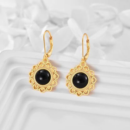 Sterling Silver Black Onyx Earrings for Women 18K Yellow Gold Plated Jewelry Gifts - style: Filigree Round