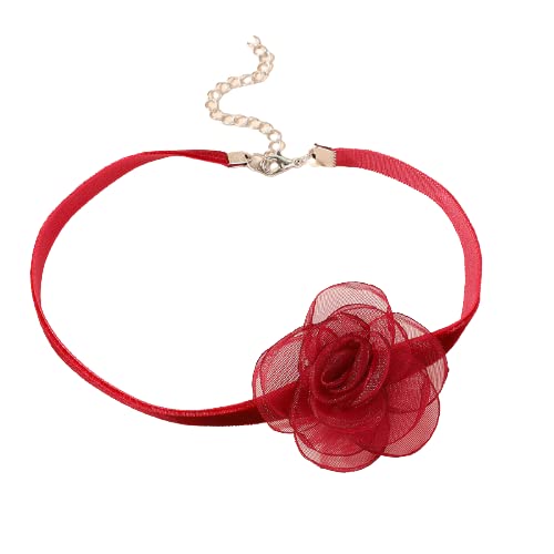 Pingyongchang Black Choker Necklace Camellia Flower Lace-Up Necklace for Women Lace Velvet Collar Colorful Bride Wedding Party Summer Necklaces Long Ribbon Vintage Big Flower Mother's Day Jewelry - color: Camellia Flower Red