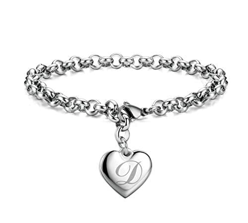 Monily Birthday Gifts for Women Initial Charm Bracelets for Women Letters Alphabet Heart Bracelet for Women - color: D: Heart