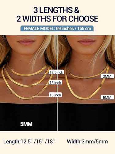 PROSTEEL 3mm/5mm Herringbone Choker Necklace for Women, 12.5"/15"/18", Stainless Steel/Sterling Silver Flat Snake Chain in Silver/Yellow Gold/Rose Gold/Black, Come with Box - color: 5mm-Gold Plated, size: 18 Inch