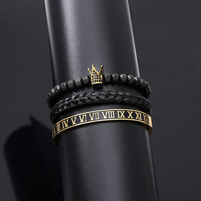 WFYOU 3PCS Stainless Steel Imperial Crown Bracelets for Men Gold Roman Numeral Bangle Bracelet Adjustable Cuff Bracelet Mens Luxury Jewelry Gifts - style: 02:Black & Gold-Roman Numeral