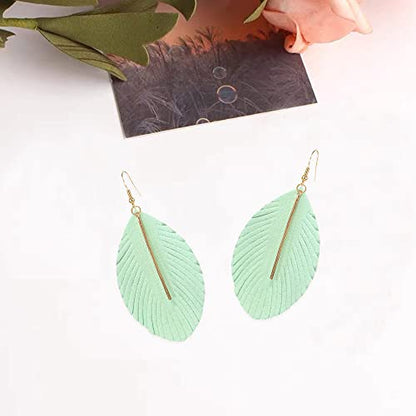 GBAHFY Feather Leather Layered Fringe Earrings for Women Boho Genuine Lightweight Leather Leaf Tassel Dangle Statement Earrings with Metal Bar - color: Light Green