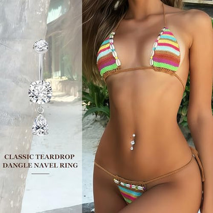 14G G23 Pure Titanium Dangle Belly Button Ring for Women Teardrop Dangling Belly Ring Internally Threaded Barbell Dainty Dangly Navel Ring CZ Belly Piercing Jewelry 6-16MM - color: Silver, size: Bar Length 16mm-Longest
