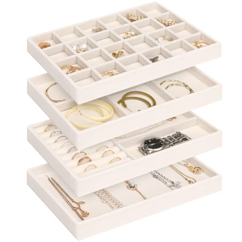 Jenseits 4 Jewelry Organizer Drawer Insert, Stackable Velvet Jewelry Tray Organizer Display Case Storage Containers, Earring Holder Necklace Watch Bracelet Accessary Ring Trays, Gift For Women (Beige)