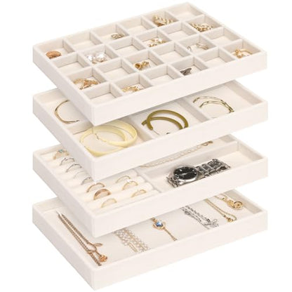 Jenseits 4 Jewelry Organizer Drawer Insert, Stackable Velvet Jewelry Tray Organizer Display Case Storage Containers, Earring Holder Necklace Watch Bracelet Accessary Ring Trays, Gift For Women (Beige)
