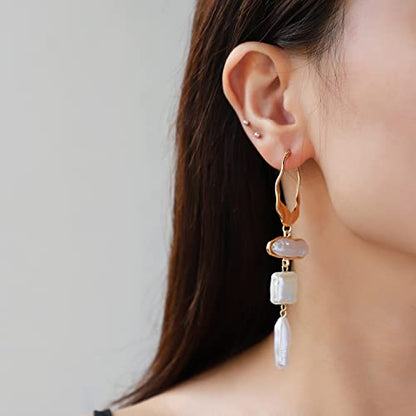 Statement Pearl Dangle Earrings,Gold and Large Pearl,Luxury Chandelier Organic Style Earrings - color: B gold and white