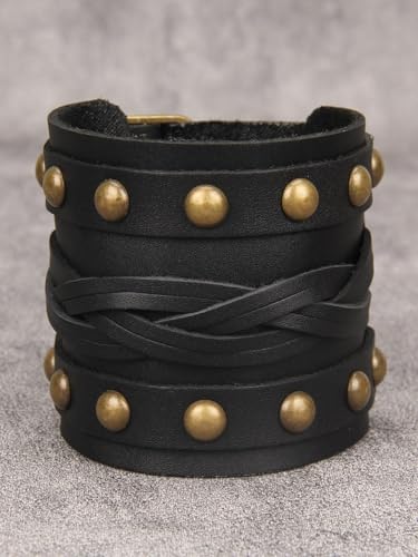 GelConnie Leather Cuff Bracelet for Men Women Wide Leather Wristband Thick Viking Mens Leather Bracelets Gothic Wrist Band Vintage Rock Wristband - style: Mens Leather Bracelet