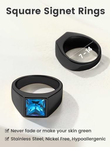 KeyStyle Square Gemstone Signet Rings for Men, Personalized Stainless Steel Pinky Ring with Black Onxy Blue Topaz Birthstone Statement Ring - color: Black - Blue Topaz - 8mm