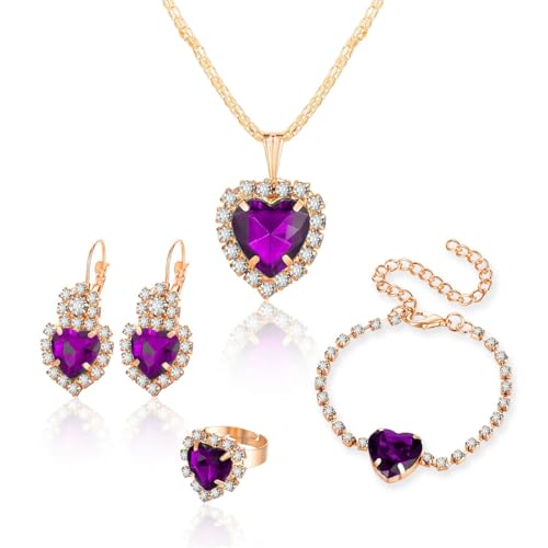 MALOYANVE 4PCS Crystal Heart Jewelry Set Glitter Gold Cubic Zirconia Love Heart Pendant Necklace Lightweight Hoop Earrings Bangle Bracelet Adjustable Open Ring Prom Wedding Jewelry for Women - color: Purple