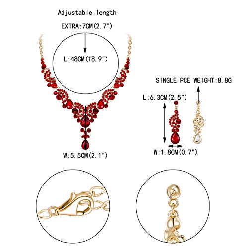 EVER FAITH Rhinestone Crystal Bridal Floral Wave Teardrop Necklace Earrings Set - color: 2pcs_Red