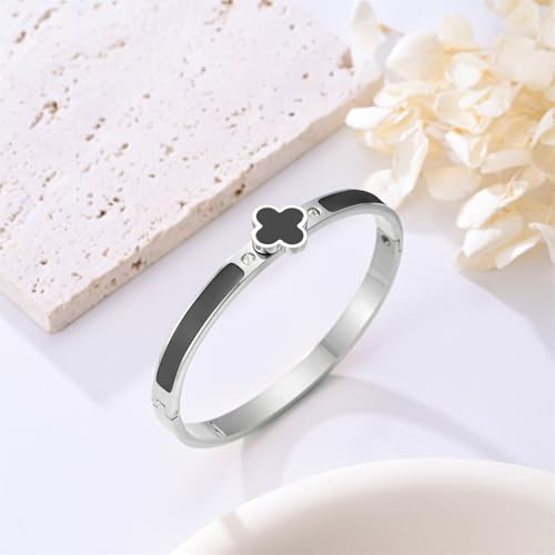 Clover Bracelets for Women Gold and Silver Chunky Oval Clover Bangle | 18k Gold Plated Stainless Steel,Precision Polished Non Tarnish,Black/White/Red/Pink/Orange Clover Bracelet Gifts for Women - color: Silver Black