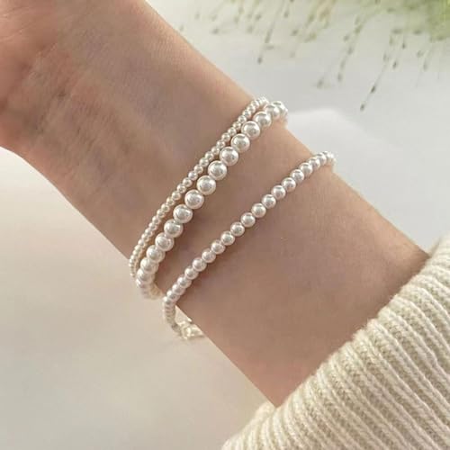 Pearl Bracelets for Women Dainty Gold Pearl Stretch Stackable Bracelet Bridesmaid Wedding Jewelry Gifts Prom Wedding Guest Dress - color: L:White Pearl Bracelet