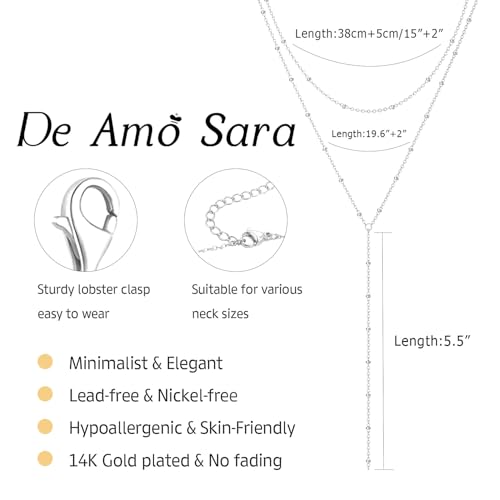 Lariat Gold Necklace for Women, Dainty Long Necklaces 14k Gold Plated Y-Shaped Layered Drop Necklaces for Women Trendy Simple Gold Jewelry for Prom Vacation Gifts - color: Layered Satellite Chain-Silver