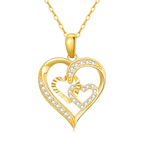SISGEM 14K Real Gold Heart Necklace for Women,Yellow Gold Love Pendant Necklace Triple Hearts Jewerly Gifts for Birthday Anniversary 16+1+1 inch - color: Triple Hearts-1