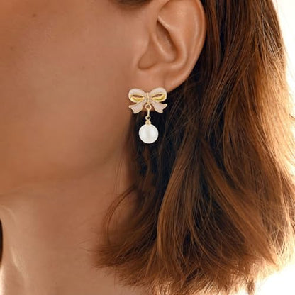 Pearl Bow Earrings for Women Coquette Aesthetic Jewelry Rhinestone Bow Earrings for Bridesmaids Wedding Party Accessories Bridal Costume Accents Bowknot Themed Gifts - color: B1: Pink Bow Pearl Earrings