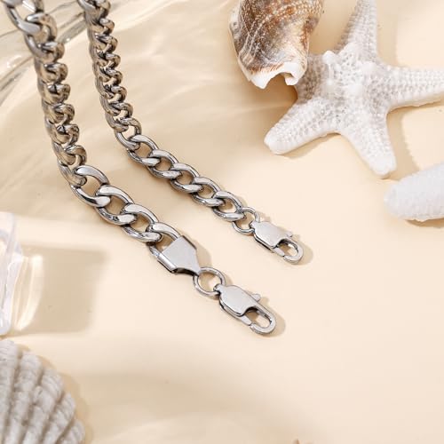 2PCS Ankle Bracelets for Women - Gold/Silver Plated Stainless Steel Anklets Set - Waterproof Layered Cuban Link Chain Anklet Bracelet Summer Beach Foot Jewelry Gifts for Women - color: Style 1-Silver