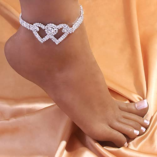 Fesciory Heart Rhinestone Ankle Bracelets for Women, Adjustable Silver Plated Shiny Tennis Anklets, Twinkle Cubic Zircon Imitation Diamond Anklet Foot Chain Jewelry Gifts - color: Double Heart