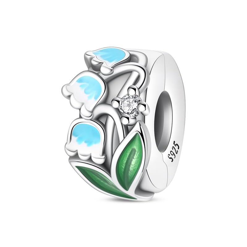 925 Sterling Silver Openable Clip Spacer Bead Fits Pandora Bracelet | Hypoallergenic Clip Stopper Charm, Star Clover Butterfly Floral Mom Heart Paved Zircon Gift for DIY Charm Bracelet Jewelry - color: Lily of The Valley