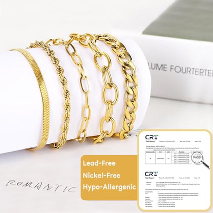 SEEDRILL Bracelets for Women Trendy Waterproof 316 Stainless Steel 18K Real Gold Plated Jewelry Sets Chunky Stackable Cuban Link Paperclip Herringbone Rope Chain Bracelet Pack Gifts Silvery/Gold-Tone - color: Gold-Tone