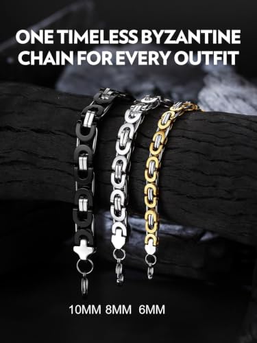 Bandmax Stainless Steel Byzantine Chain Necklace for Men Two Tone Black Gold Heavy Duty Motorcycle Biker Link Chains, 6MM/8MM/10MM Width, 18 Inch-30 Inch Length, Men's Fashion Jewelry Gift - color: 01 Silver&Black Tone