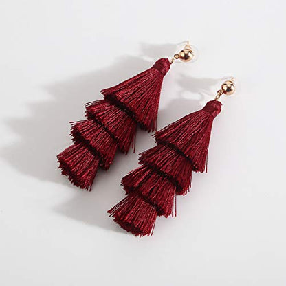 BaubleStar Bohemian Layered Tassel Drop Earrings for Women | Lightweight Statement Party Festival Jewelry - color: Burgundy