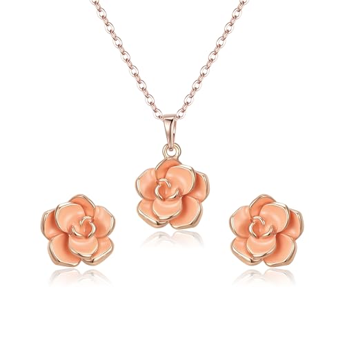 EleQueen Rose Flower Necklace Earrings Bracelet Set for Women - color: Orange-Rose Gold-Tone