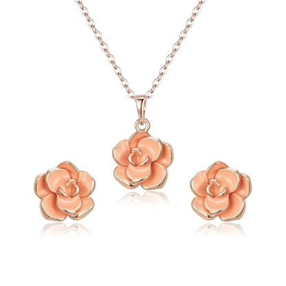 EleQueen Rose Flower Necklace Earrings Bracelet Set for Women - color: Orange-Rose Gold-Tone