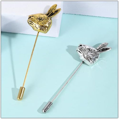 Dreuyet Simple Gold Silver Plated Long Brooch Pins with Cute Animal Antlers Leaves Plant Bees Rabbits Rose Flower Feather Brooch Jewelry for Women Men Elegant Suit Collar Lapel Pin - style: Rabbit Head