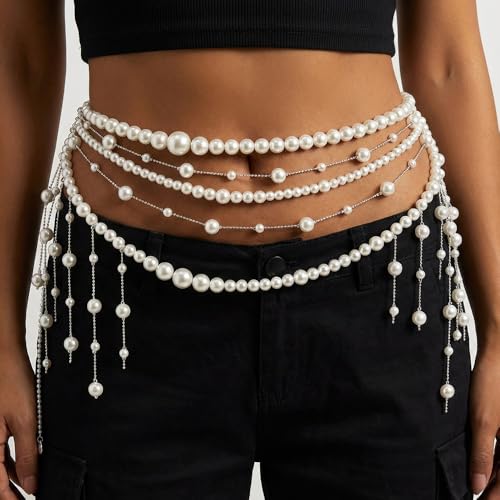 Multi Layered Pearl Waist Chain Belt Elegant White Pearl Belly Chain with Tassel Pendant Stylish Belt Hip Body Chain for Festival Rave Party Wedding Bridal Dress Sweater Jeans Decor Accessories