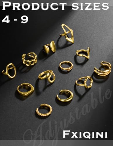 Fxiqini 12Pcs Gold Stackable Rings 18K Gold Plated Chunky Knuckle Finger Ring Geometric Bead Cloud Wave Flower Hollow Statement Bands Signet Open Rings for Women Adjustable Size 4-9 - color: A-Gold