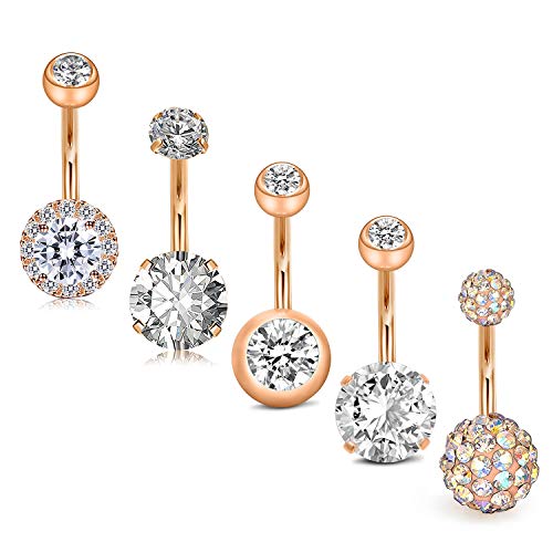 Belly Button Rings Stainless Steel 14G CZ Opal Navel Rings Barbells Women Girls Belly Piercing Jewelry - color: Rose Gold color-Style E: 5 PCS