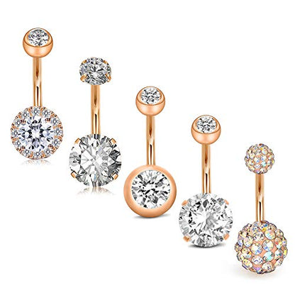 Belly Button Rings Stainless Steel 14G CZ Opal Navel Rings Barbells Women Girls Belly Piercing Jewelry - color: Rose Gold color-Style E: 5 PCS