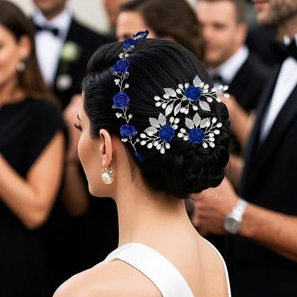 Wedding Hair Accessories Hair pieces Set Crystal bridal hair pins Rhinestone Pearl hair comb Brides and Bridesmaids, Girls, Women(（4PCS/SET BLUE) - color: blue