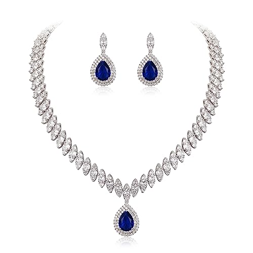EVER FAITH CZ Marquise Leaf Teardrop Wedding Prom Jewelry Set for Women | Birthstone Pendant Necklace Dangle Earrings - color: Blue