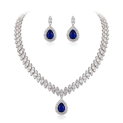 EVER FAITH CZ Marquise Leaf Teardrop Wedding Prom Jewelry Set for Women | Birthstone Pendant Necklace Dangle Earrings - color: Blue