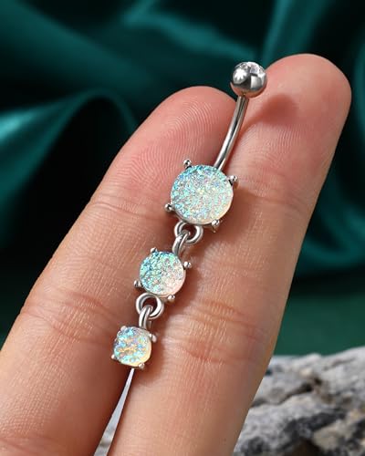 Cute Dangly Opal Belly Button Rings 14g 316L Stainless Steel Dangle Navel Rings for Women Belly Button Piercing Dangling Navel Bar - color: Silver-Mermaid Opal