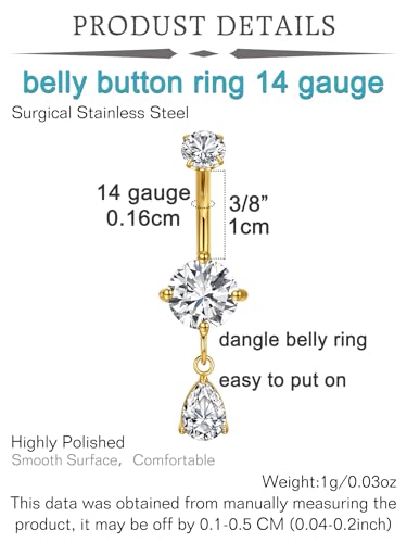 QWALIT Belly Button Rings 14G Surgical Steel Belly Rings CZ Opal Navel Piercing Jewelry for Women Girls 3/8" 10mm Silver Rose Gold - color: Gold