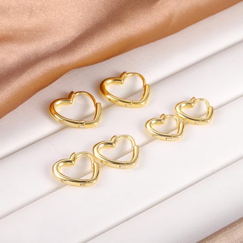 Silver 3 Pairs Heart Earrings Set for Women 14K Gold Plated Hoops, ALEXCRAFT Minimalist Hearts Shaped Small Big Silver Huggie Hoop Trendy Earring Hypoallergenic Thick Chunky Earings - color: Gold