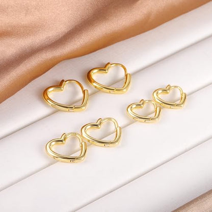Silver 3 Pairs Heart Earrings Set for Women 14K Gold Plated Hoops, ALEXCRAFT Minimalist Hearts Shaped Small Big Silver Huggie Hoop Trendy Earring Hypoallergenic Thick Chunky Earings - color: Gold