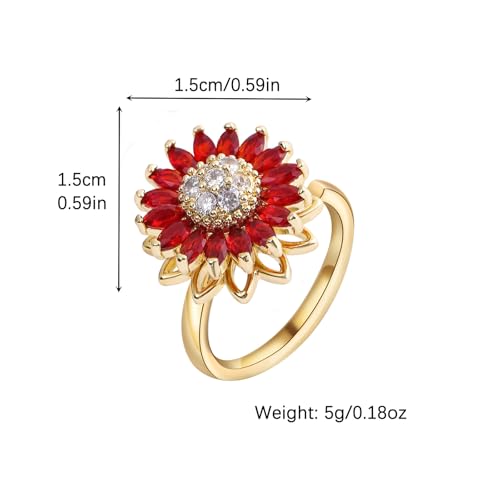 Sunflower Fidget Ring for Women Gold Anxiety Crystal Rings Cubic Zirconia Sunflower Open Adjustable Fidget Ring Spinner Sun Ring for Men Trendy Jewelry - color: Red