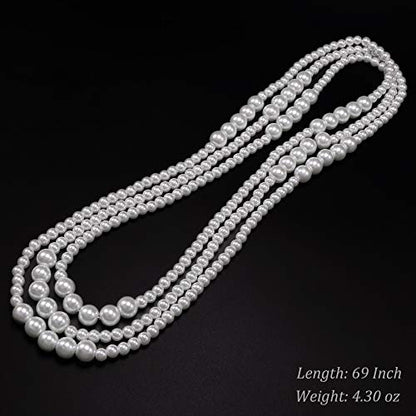 Long Pearl Necklaces for Women Cream White Faux Pearl Strand Layered Necklace Costume Jewelry - color: White
