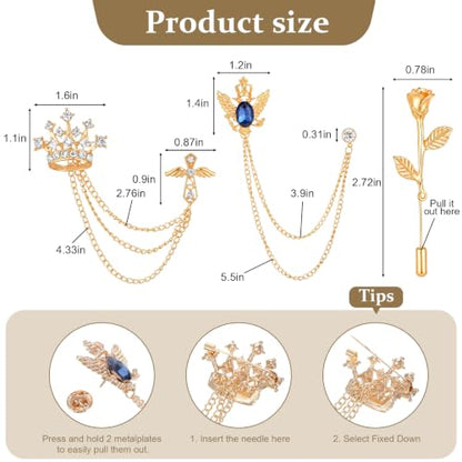Amaxiu 5Pcs Men's Brooch Suit Pin, Brooch Crystal Rhinestone Crown | Hanging Chain Tassel Brooche's with Stone, Rose Floral Lapel Pins for Men, Shirt Tie Hat Tuxedo Accessory